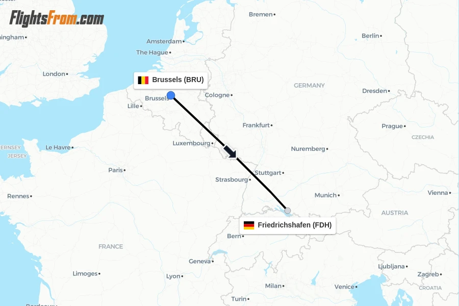 Flights from Brussels to Friedrichshafen route map
