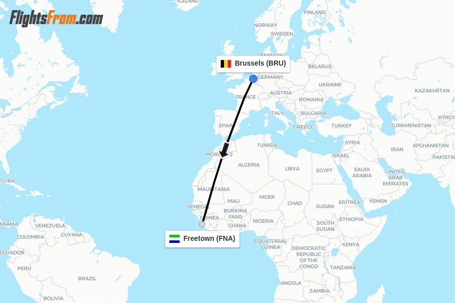Flights from Brussels to Freetown route map