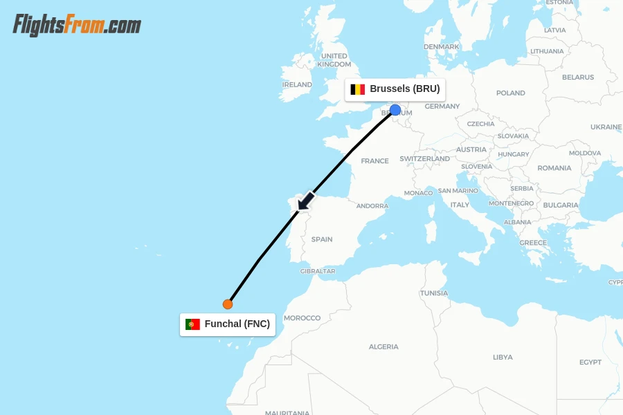 Flights from Brussels to Funchal route map