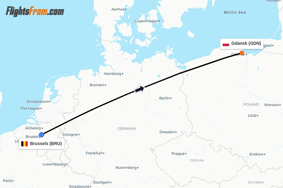 Flights from Brussels to Gdansk route map