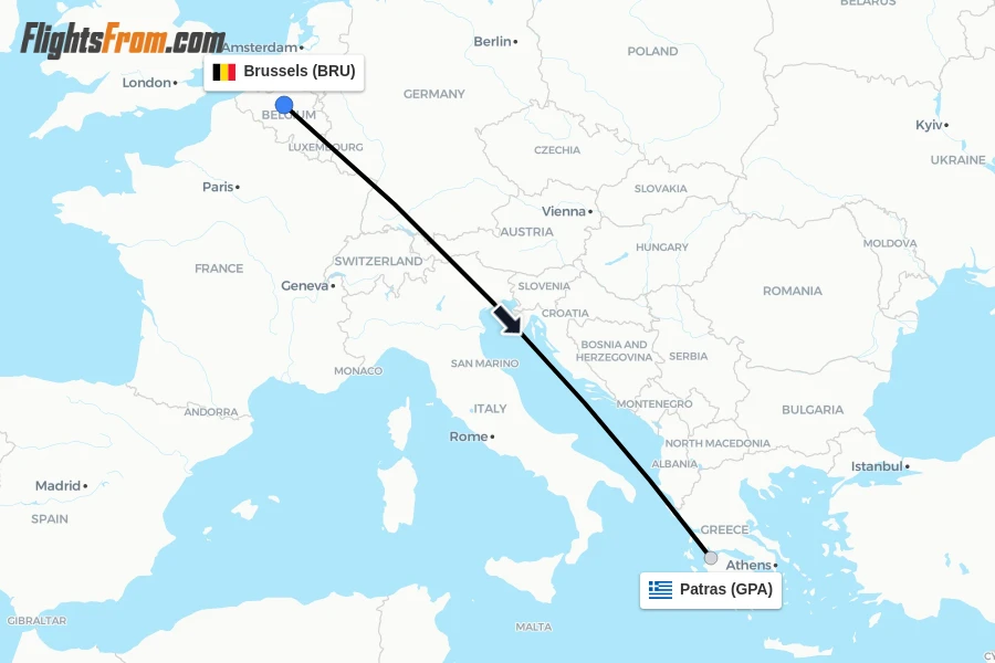 Flights from Brussels to Patras route map