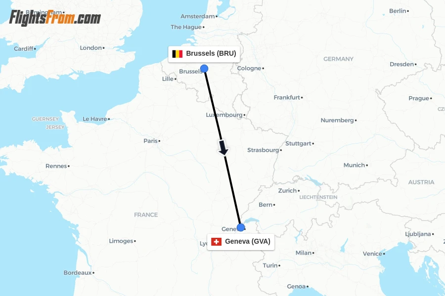Flights from Brussels to Geneva route map