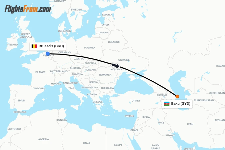 Flights from Brussels to Baku route map
