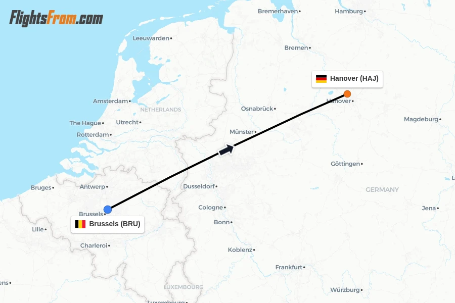 Flights from Brussels to Hanover route map