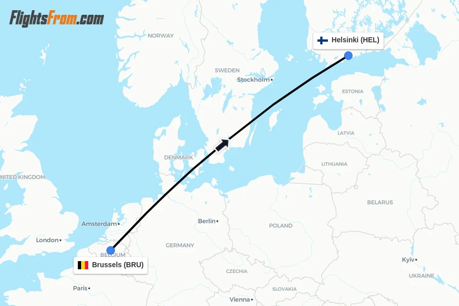 Flights from Brussels to Helsinki route map