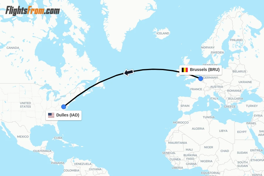 Flights from Brussels to Dulles route map