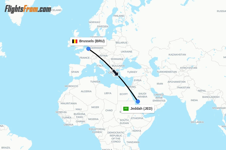 Flights from Brussels to Jeddah route map