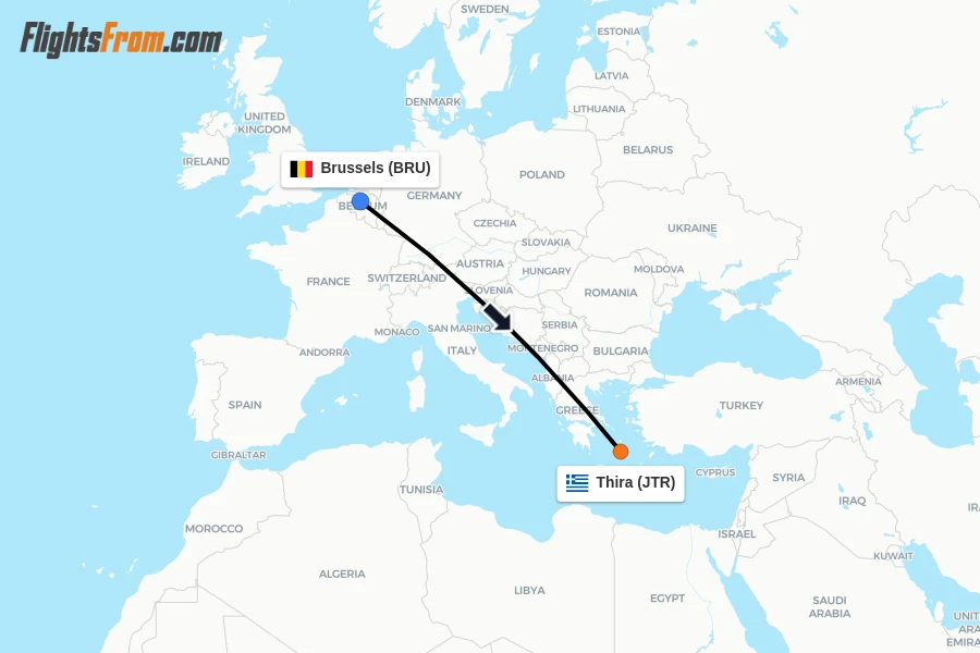 Flights from Brussels to Thira route map
