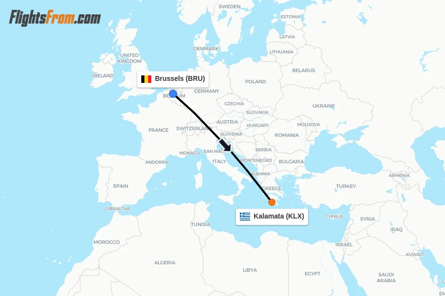 Flights from Brussels to Kalamata route map