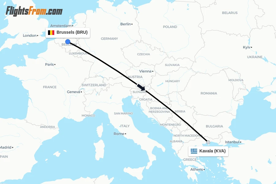 Flights from Brussels to Kavala route map