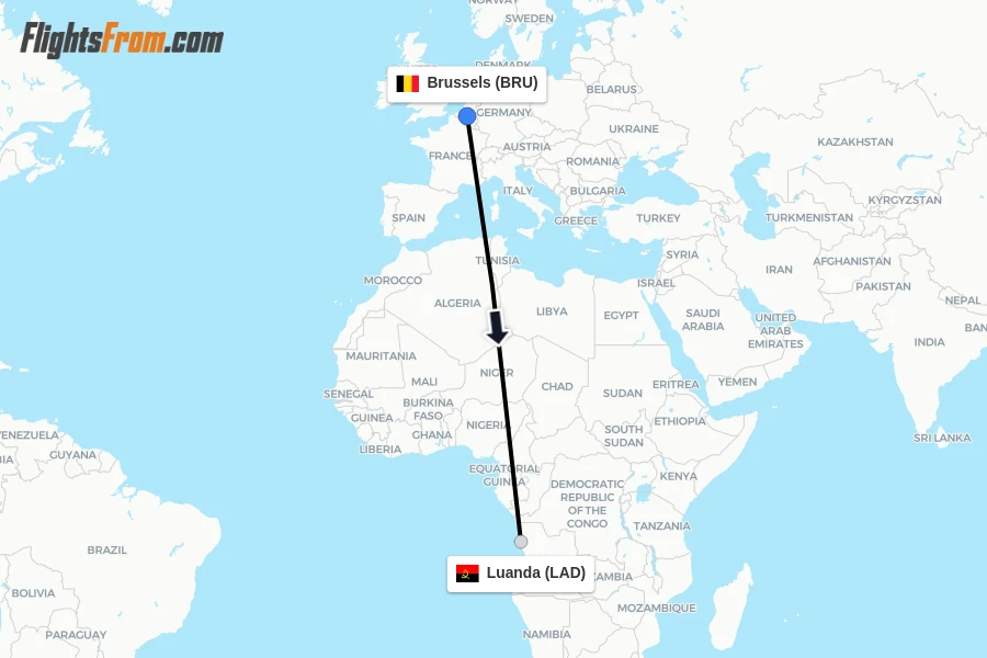 Flights from Brussels to Luanda route map