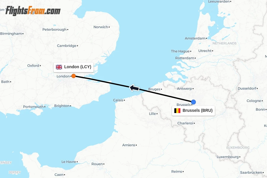 Flights from Brussels to London route map