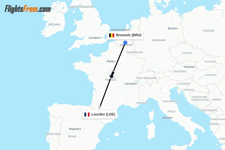 Flights from Brussels to Lourdes route map
