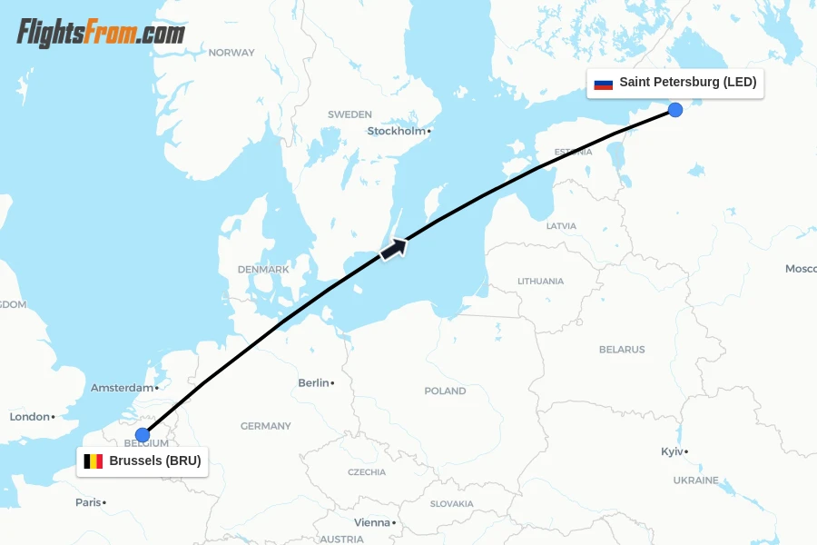 Flights from Brussels to Saint Petersburg route map