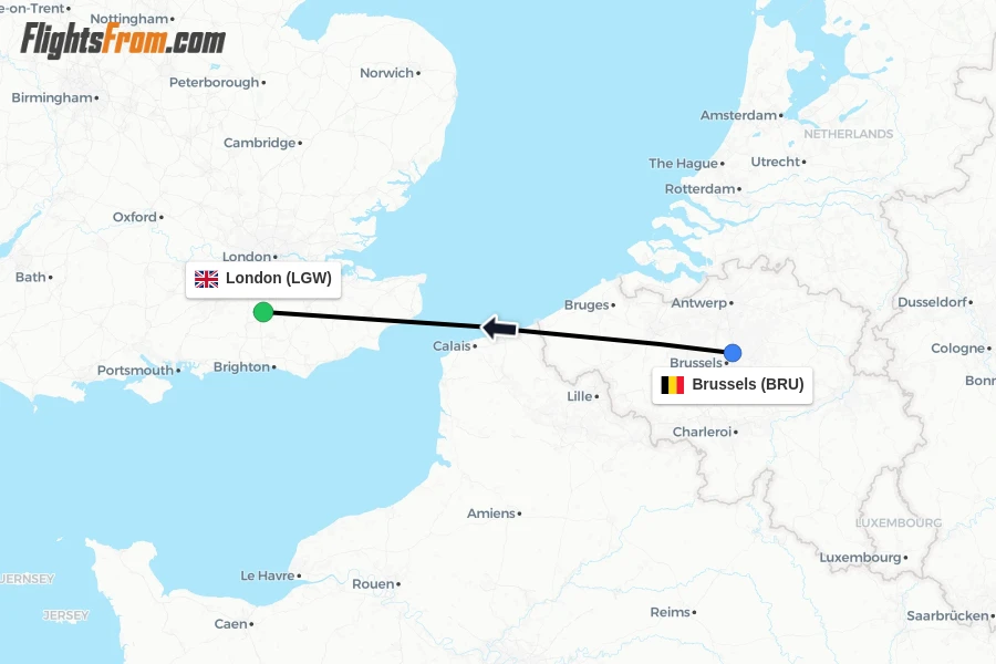 Flights from Brussels to London route map