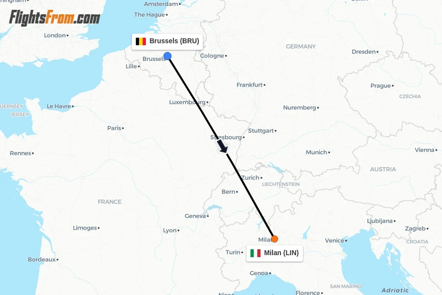 Flights from Brussels to Milan route map