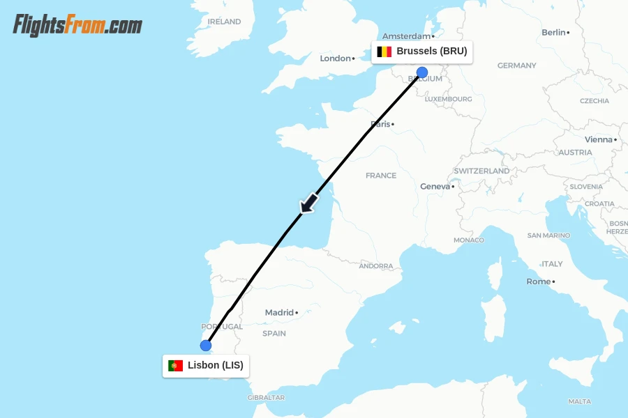 Flights from Brussels to Lisbon route map