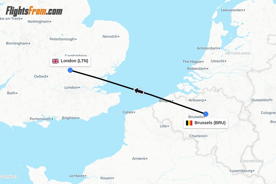 Flights from Brussels to London route map