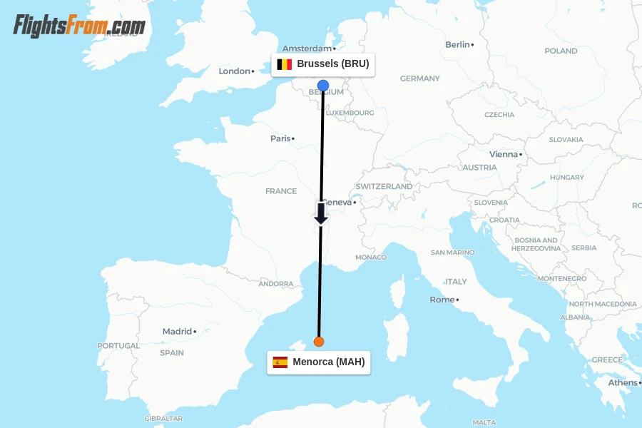 Flights from Brussels to Menorca route map