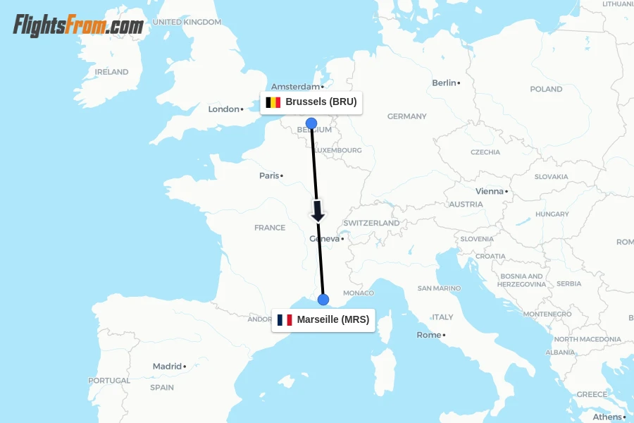 Flights from Brussels to Marseille route map