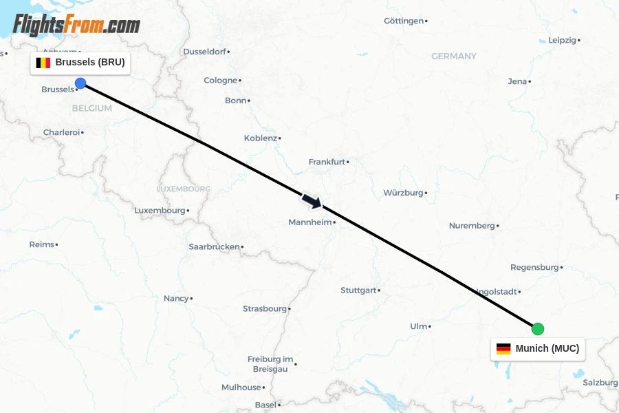 Flights from Brussels to Munich route map