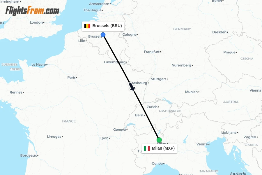 Flights from Brussels to Milan route map
