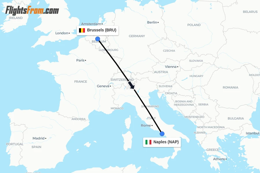 Flights from Brussels to Naples route map
