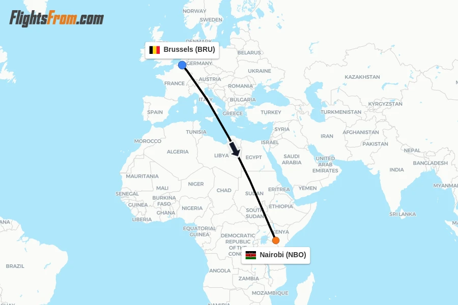 Flights from Brussels to Nairobi route map