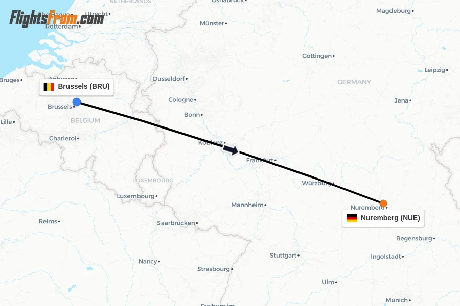 Flights from Brussels to Nuremberg route map