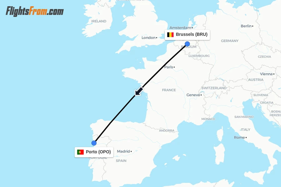 Flights from Brussels to Porto route map
