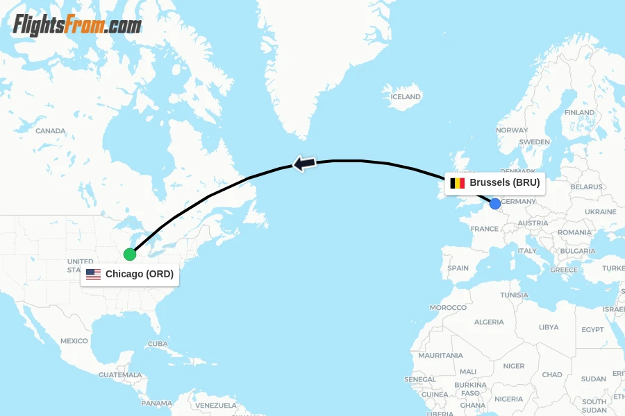 Flights from Brussels to Chicago route map