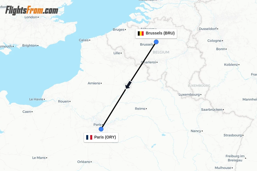 Flights from Brussels to Paris route map