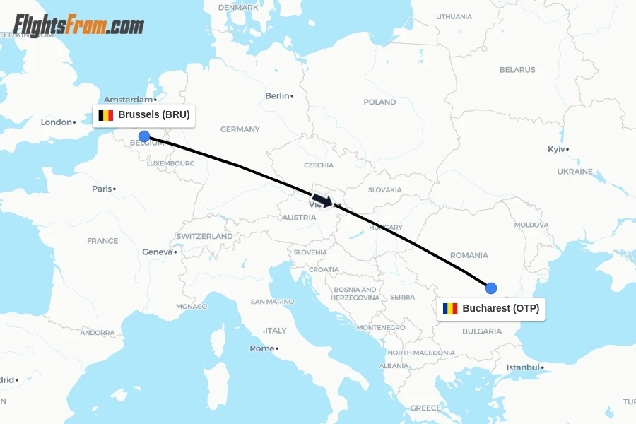 Flights from Brussels to Bucharest route map