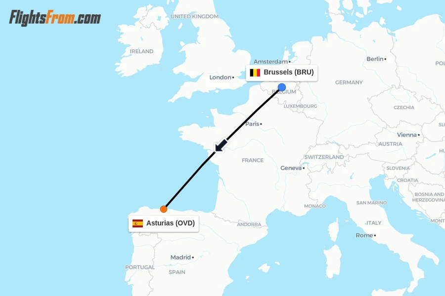 Flights from Brussels to Asturias route map