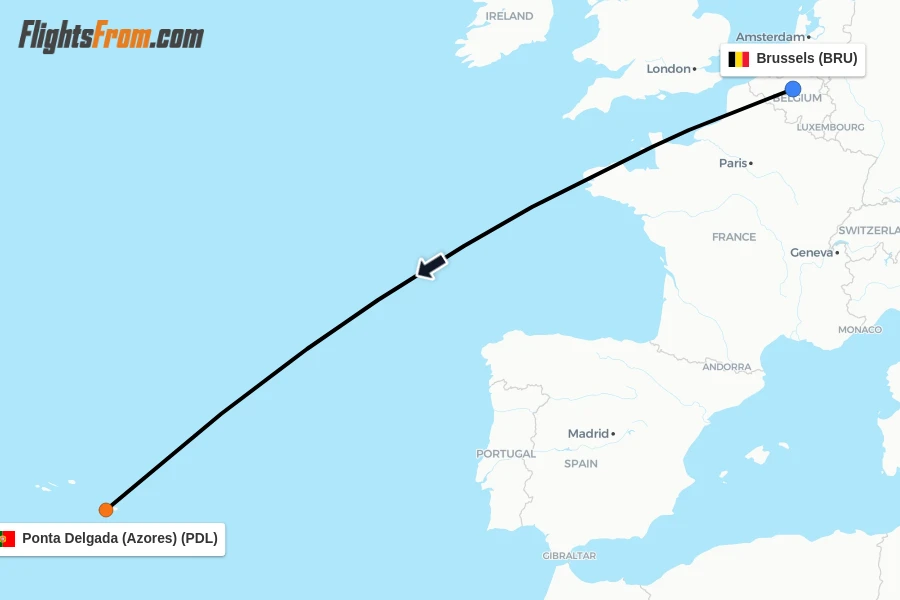 Flights from Brussels to Ponta Delgada (Azores) route map