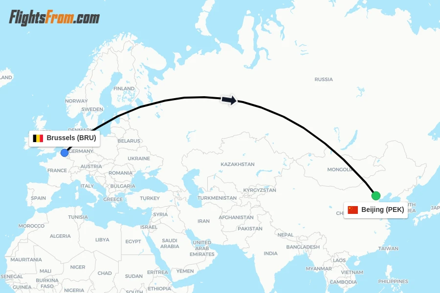 Flights from Brussels to Beijing route map