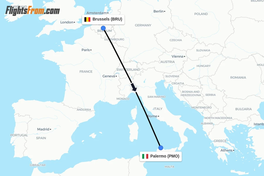 Flights from Brussels to Palermo route map