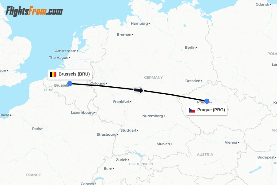 Flights from Brussels to Prague route map