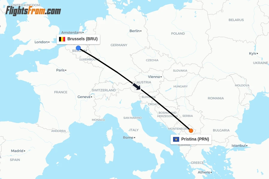 Flights from Brussels to Pristina route map