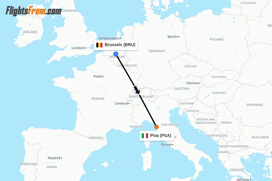 Flights from Brussels to Pisa route map