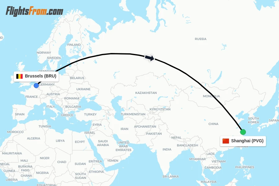 Flights from Brussels to Shanghai route map