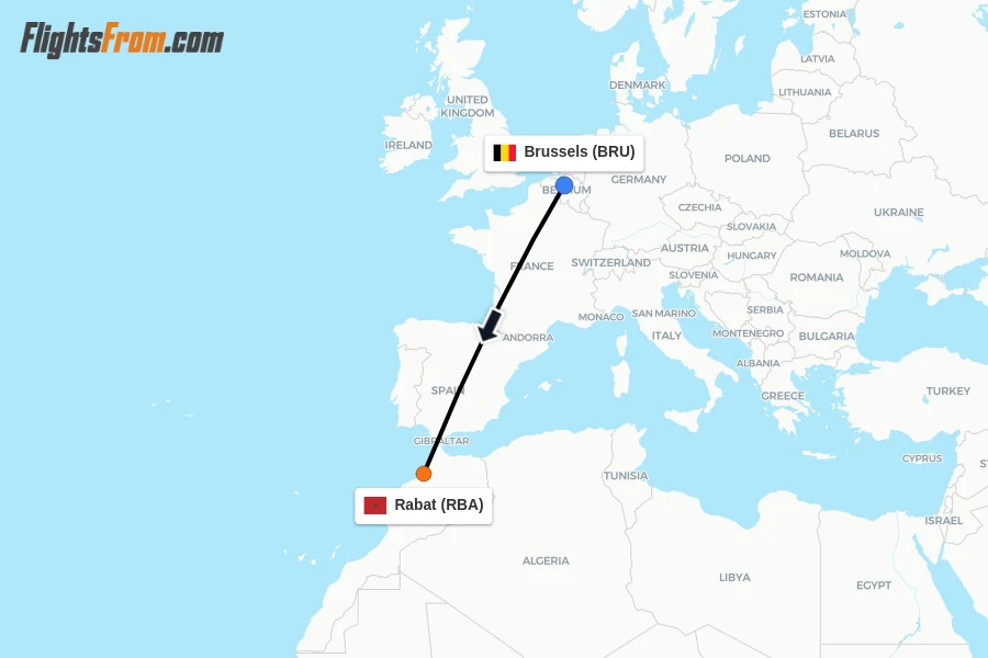 Flights from Brussels to Rabat route map