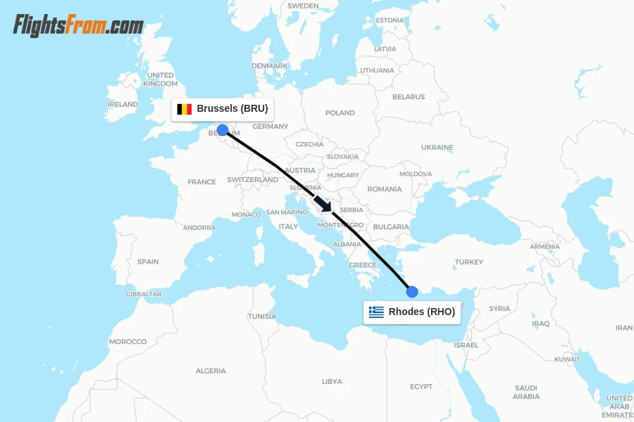 Flights from Brussels to Rhodes route map