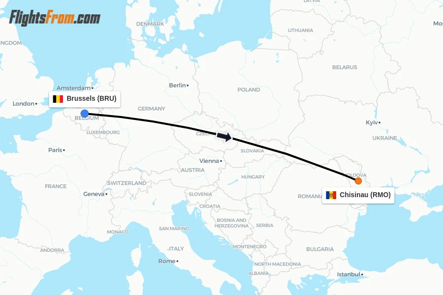 Flights from Brussels to Chisinau route map
