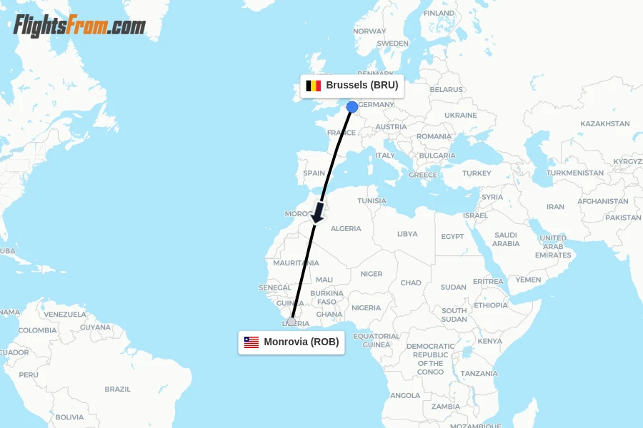 Flights from Brussels to Monrovia route map