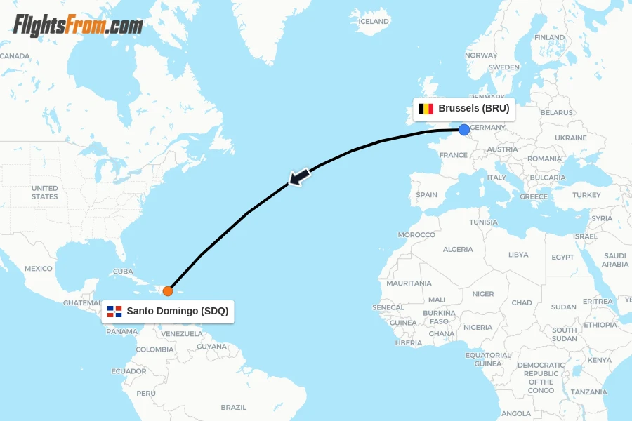 Flights from Brussels to Santo Domingo route map