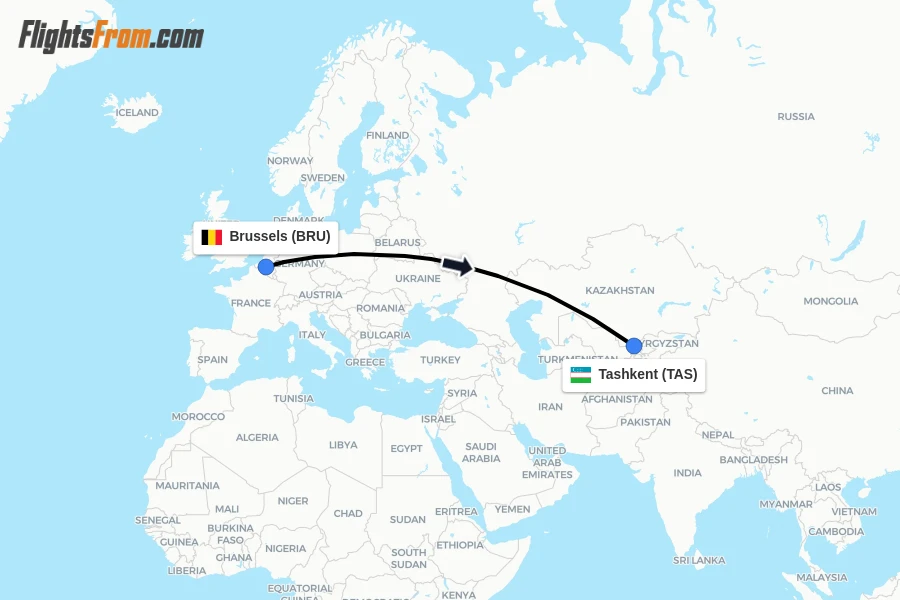 Flights from Brussels to Tashkent route map