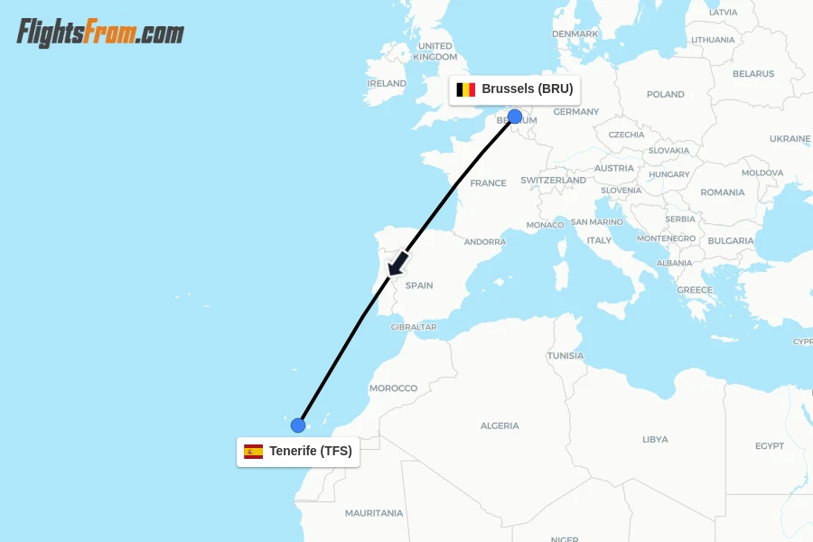 Flights from Brussels to Tenerife route map