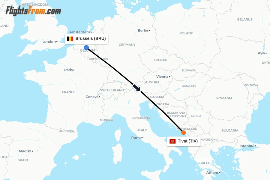 Flights from Brussels to Tivat route map