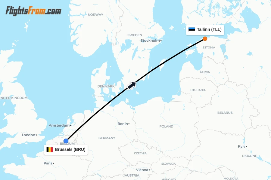 Flights from Brussels to Tallinn route map